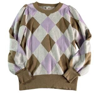 LOFT Argyle Sweater Women Small Purple Tan Cotton Blend Crewneck Knit